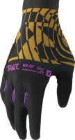Black and caramel THOR Sportmode Mind Control gloves in XS size, showing the textured leather material and secure wrist closure.