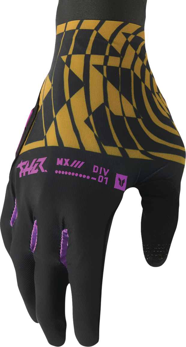 Black and caramel THOR Sportmode Mind Control gloves in XS size, showing the textured leather material and secure wrist closure.