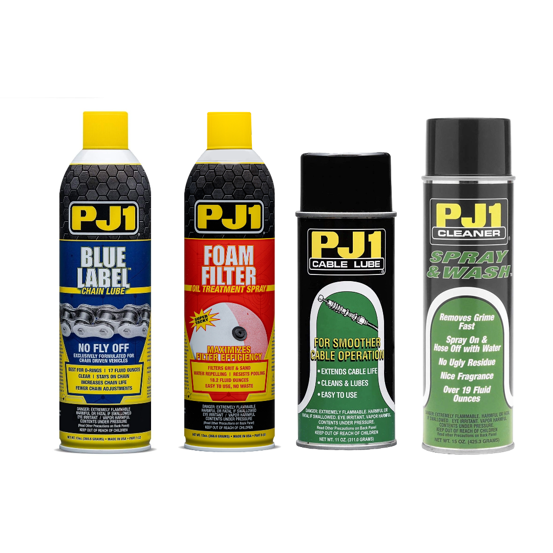 PJ1 LUBE PACK = CHAIN LUBE + FOAM FILTER TREATMENT + CABLE LUBE + SPRAY & WASH