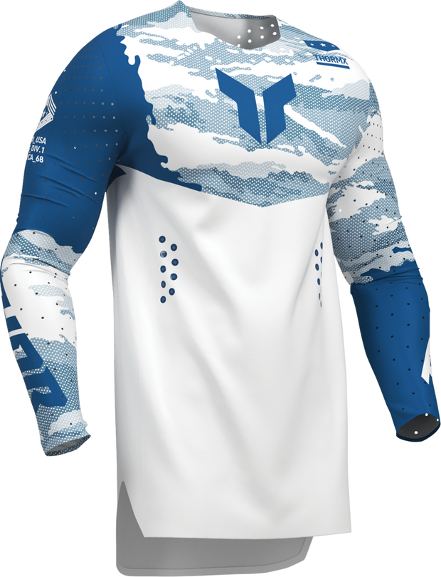 White and blue THOR Sportmode Recon LE offroad ATV jersey in medium size with sporty design and breathable fabric.