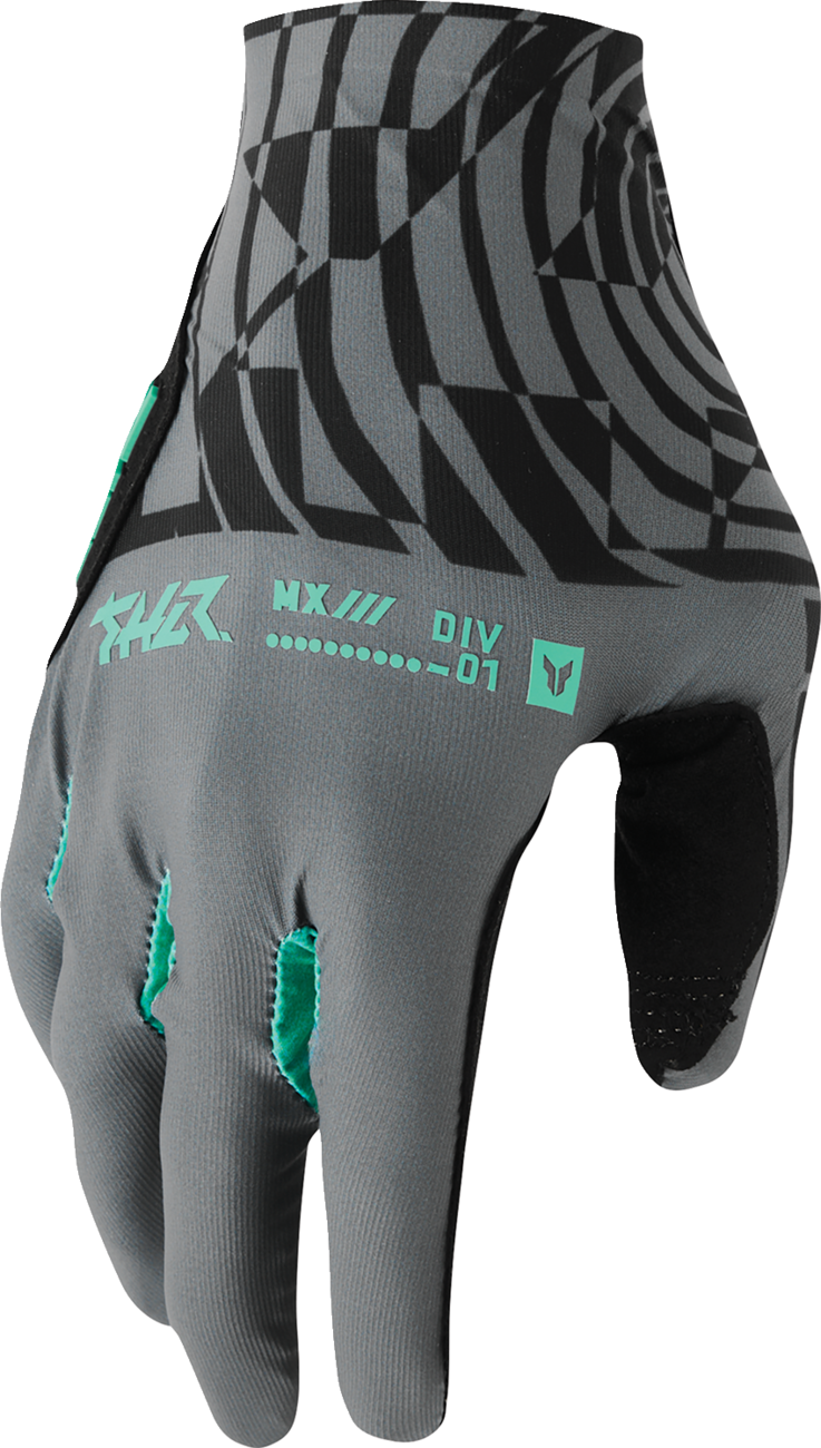 THOR Sportmode Mind Control Gloves in charcoal and black, XS size, showing padded palms and adjustable wrist straps.
