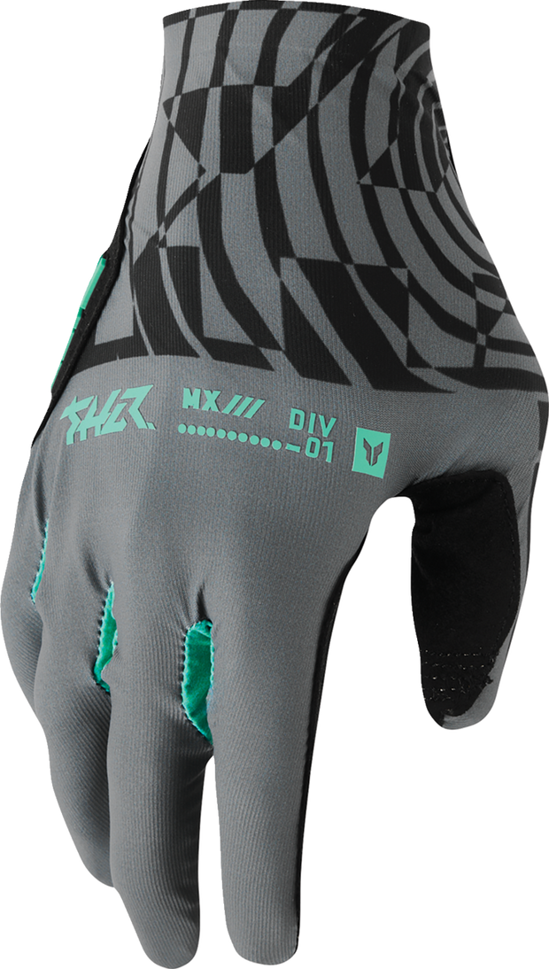 THOR Sportmode Mind Control Gloves in charcoal and black, XS size, showing padded palms and adjustable wrist straps.