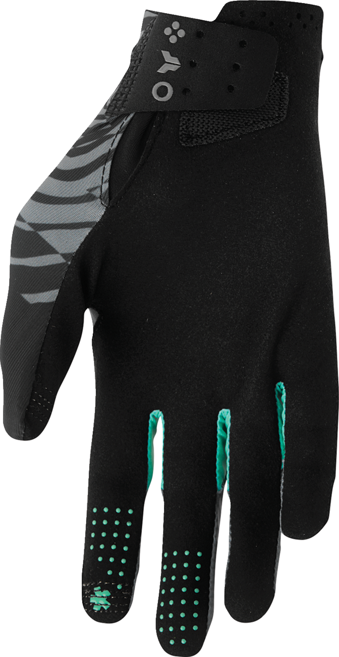 THOR Sportmode Mind Control Gloves in charcoal and black, XS size, showing close-up of padded, breathable motorcycle gloves.