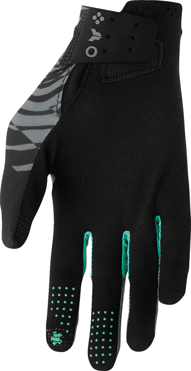 THOR Sportmode Mind Control Gloves in charcoal and black, XS size, showing close-up of padded, breathable motorcycle gloves.