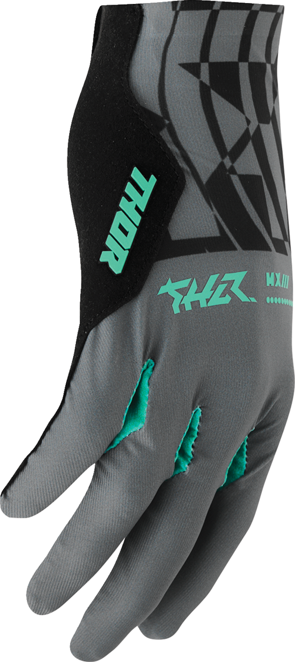 THOR Sportmode Mind Control gloves in charcoal and black, XS size, showing the padded, flexible motocross glove design.