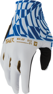 Light gray and blue THOR Sportmode Mind Control gloves in XS size, showing a close-up of the performance riding glove.
