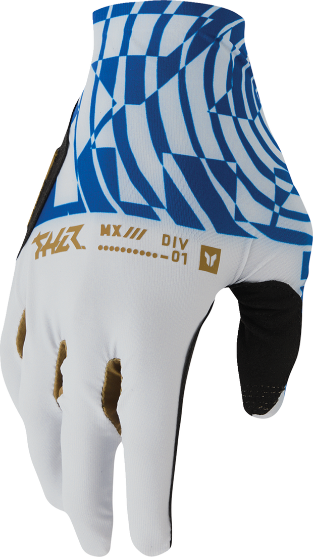Light gray and blue THOR Sportmode Mind Control gloves in XS size, showing a close-up of the performance riding glove.