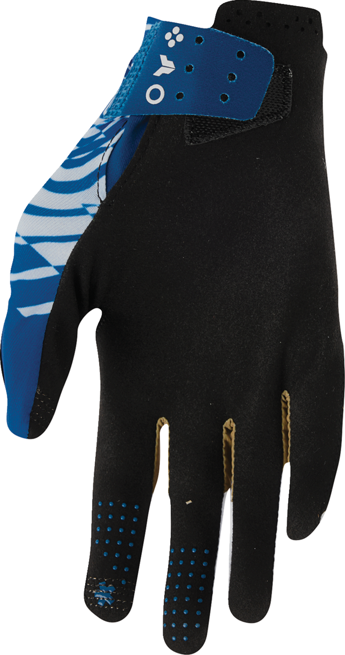Light gray and blue THOR Sportmode Mind Control gloves in XS size, showing ergonomic design and textured palm for grip.