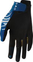 Light gray and blue THOR Sportmode Mind Control gloves in XS size, showing ergonomic design and textured palm for grip.