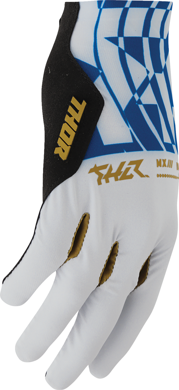 Light gray and blue THOR Sportmode Mind Control Gloves in XS size, showing detailed fabric and grip design.