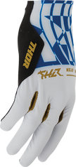 Light gray and blue THOR Sportmode Mind Control Gloves in XS size, showing detailed fabric and grip design.