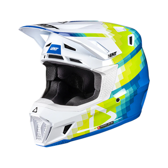 Leatt Moto 7.5 helmet kit with 4.5 goggle featuring blue and white design, viewed from the left side.