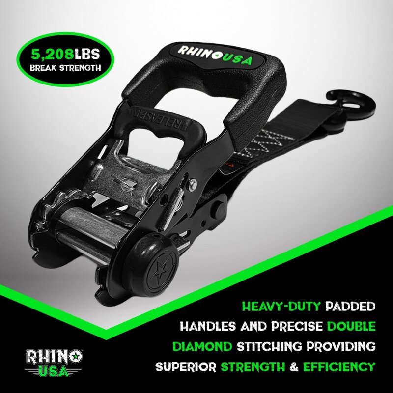 Rhino USA Heavy Duty Ratchet Tie-Downs 2-Pack (Gray) 1.6In X 8Ft