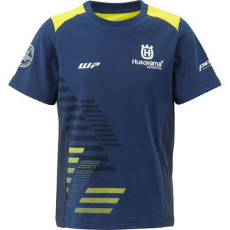 Husqvarna Kids Team Tee showing a vibrant Husqvarna logo and colorful design on a comfortable youth T-shirt.
